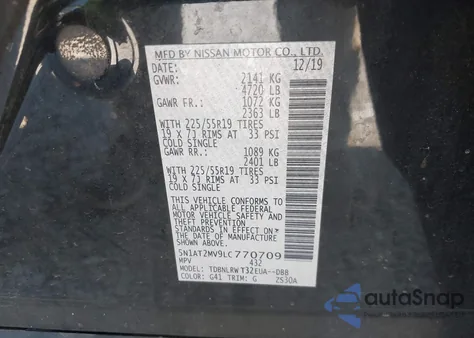 2020 Nissan Rogue Sl Intelligent Awd z USA, uszkodzony, nr VIN 5N1AT2MV9LC770709